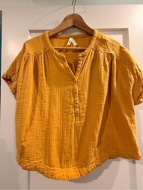 Pact Mustard Button-Front Cotton Gauze Blouse